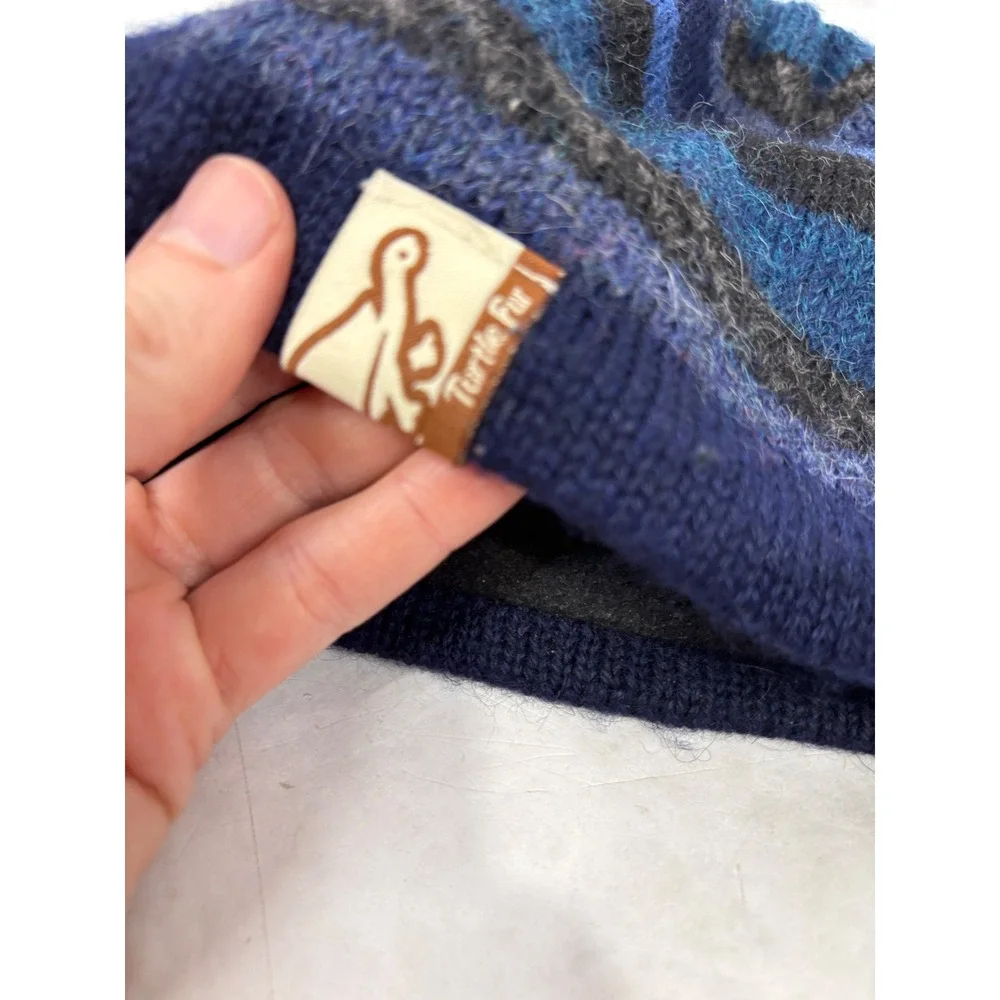 Turtle Fur Alpaca Wool Beanie Striped Fleece Lined Blue Grey Skull Cap Adult